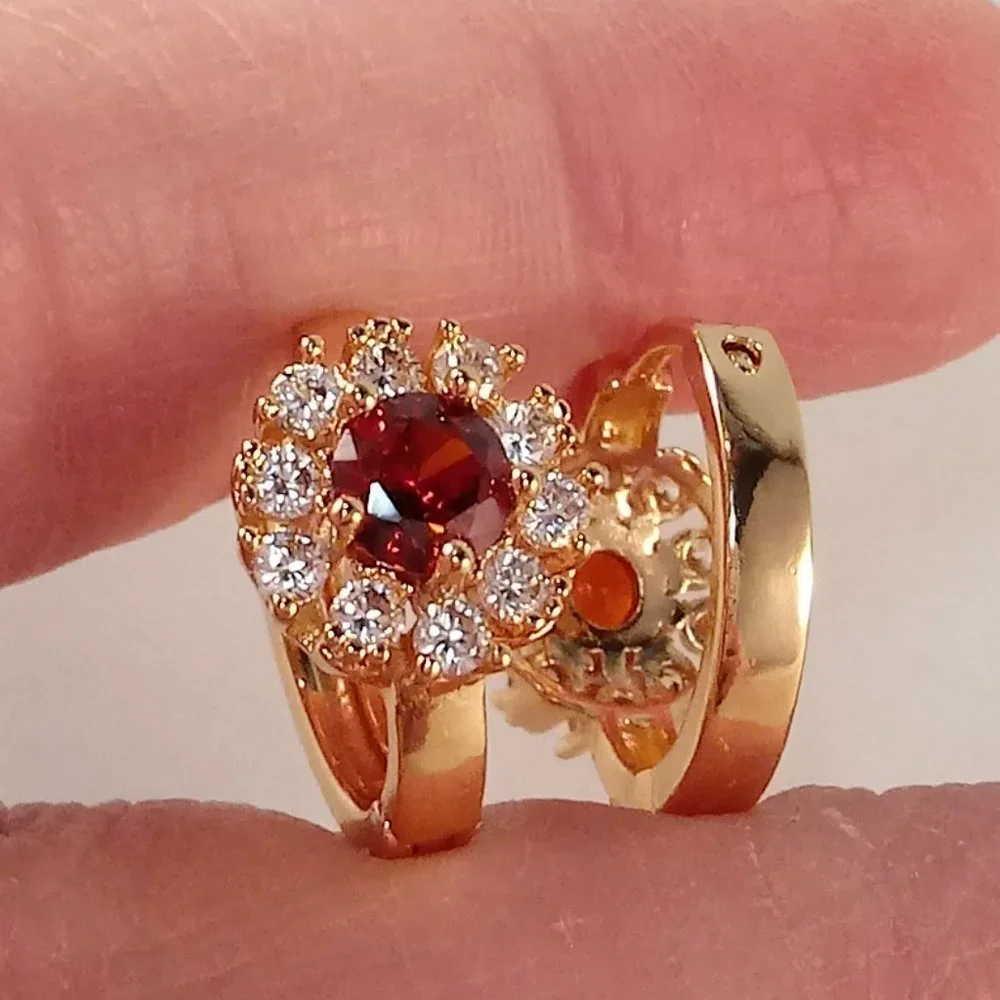18K Yellow Gold Filled Flower Garnet Red Diamond Zircon Hoop Huggie Earrings